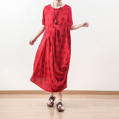 boutique red dotted natural linen dress oversized draping traveling clothing casual o neck maxi dresses