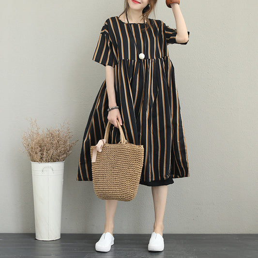 boutique striped silk linen dress plus size linen cotton dress vintage o neck short sleeve clothing