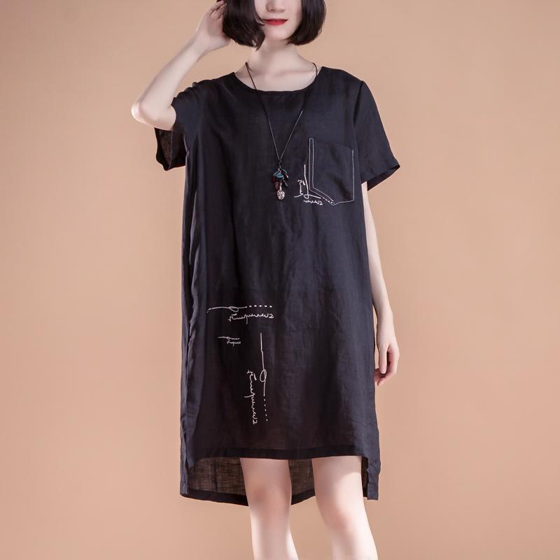 boutique summer dresses Loose fitting High-low Hem Summer Short Sleeve Pockets slit Black Dress