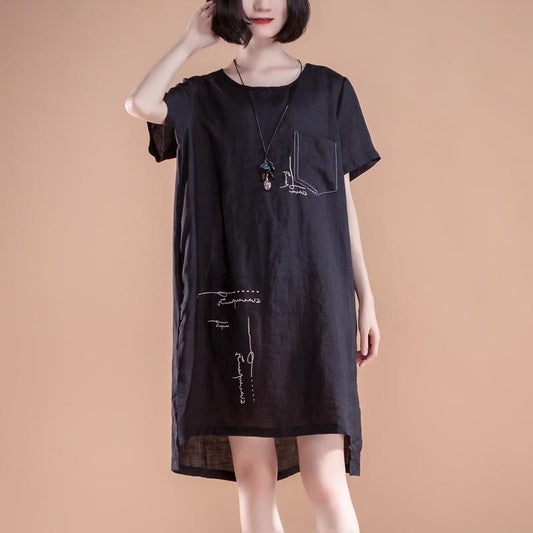 boutique summer dresses Loose fitting High-low Hem Summer Short Sleeve Pockets slit Black Dress