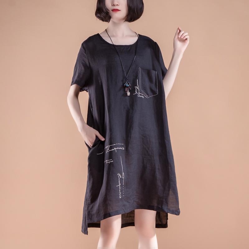 boutique summer dresses Loose fitting High-low Hem Summer Short Sleeve Pockets slit Black Dress