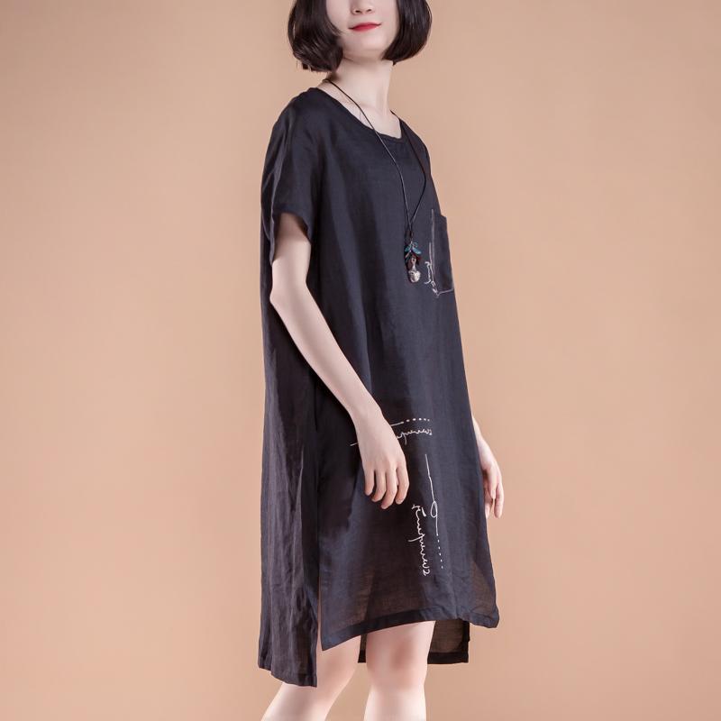 boutique summer dresses Loose fitting High-low Hem Summer Short Sleeve Pockets slit Black Dress