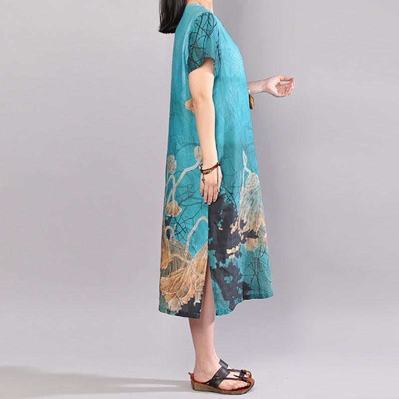 brief linen cotton dress Loose fitting Short Sleeve Flower Summer Retro Long Dress