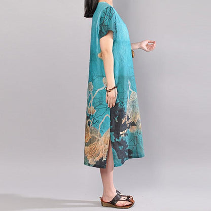 brief linen cotton dress Loose fitting Short Sleeve Flower Summer Retro Long Dress