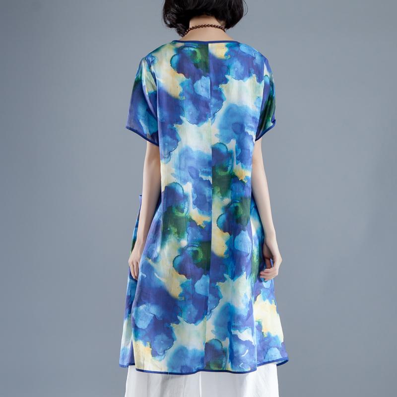 brief linen sundress trendy plus size Short Sleeve slit Summer Casual Printed Dress