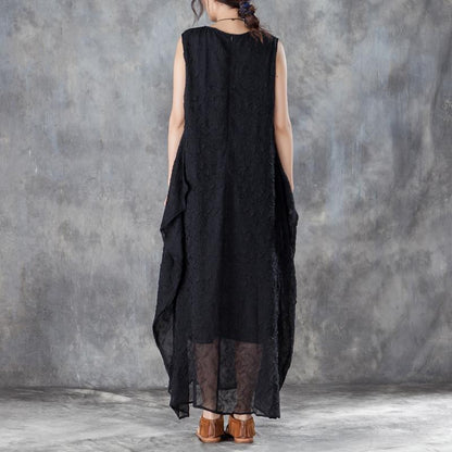 brief long cotton dresses oversized Round Neck Sleeveless Summer Black Long Dress