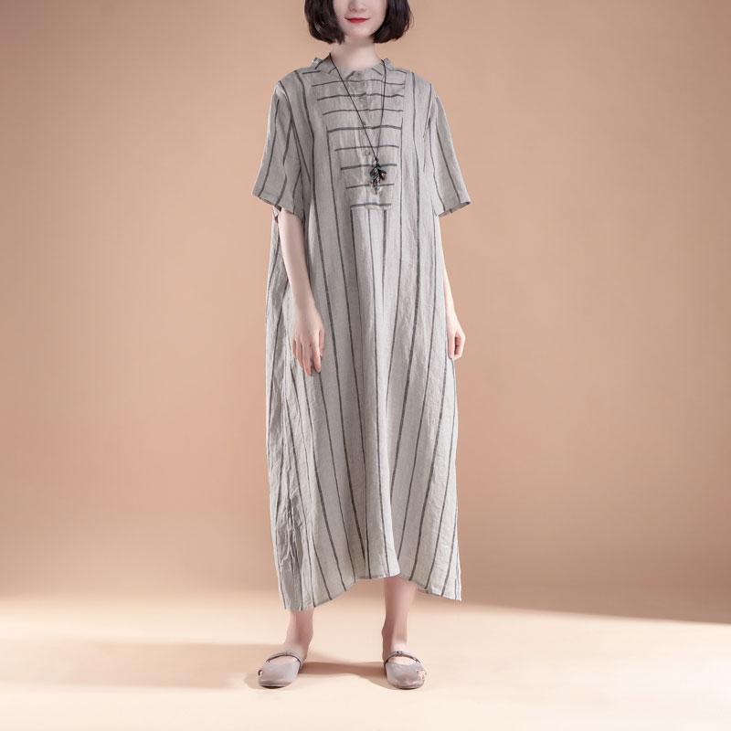 brief long linen dresses oversized Short Sleeve Slit Summer Round Neck Stripe Dress