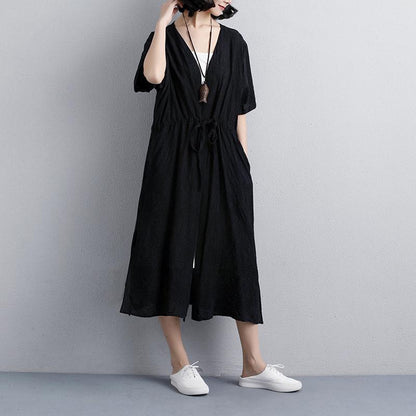 brief summer dress Loose fitting Loose Casual Short Sleeve Side Slit Black Lacing Dress
