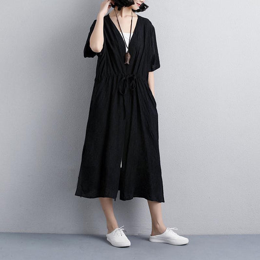 brief summer dress Loose fitting Loose Casual Short Sleeve Side Slit Black Lacing Dress