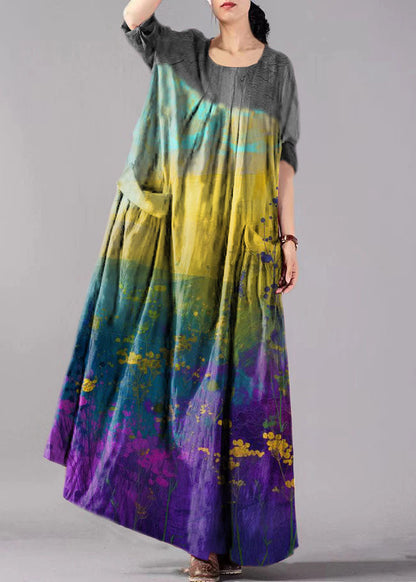 Blue Flowers Big Pockets Linen Vacation Dresses Wrinkled Long Sleeve