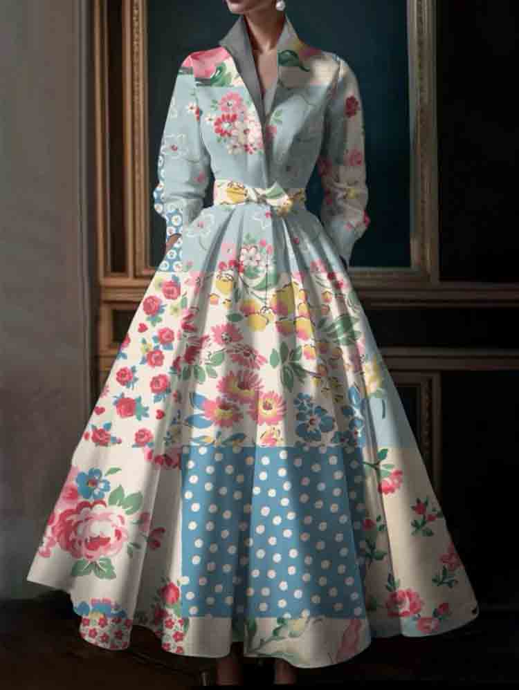 Plus Size Simple Blue Flowers Stand Collar Midi Shirt Dress