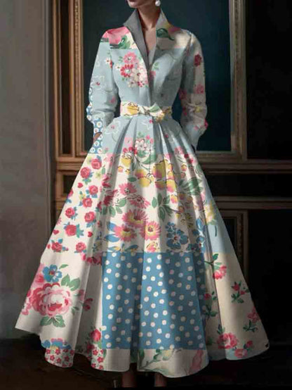 Plus Size Simple Blue Flowers Stand Collar Midi Shirt Dress