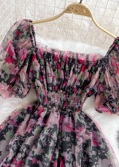 Grace Black Square Collar Print Tulle Patchwork Tunic Mid Dress Short Sleeve