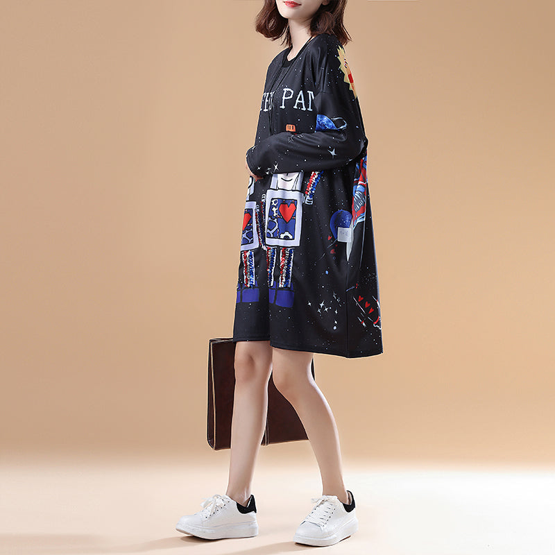 cartoon print 2025 fall black cotton casual dresses plus size long sleeve fashion shift dress