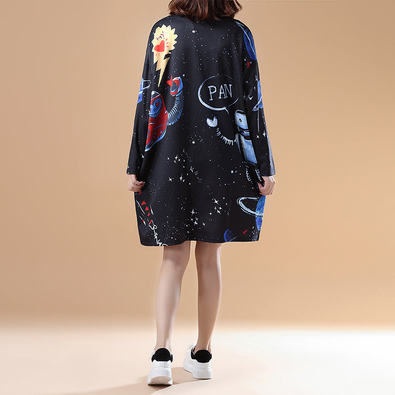 cartoon print 2025 fall black cotton casual dresses plus size long sleeve fashion shift dress
