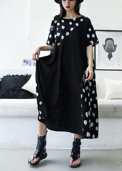 casual black dotted o neck patchwork chiffon long summer dress - SooLinen
