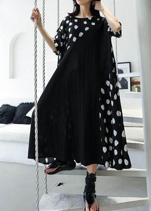 casual black dotted o neck patchwork chiffon long summer dress - SooLinen