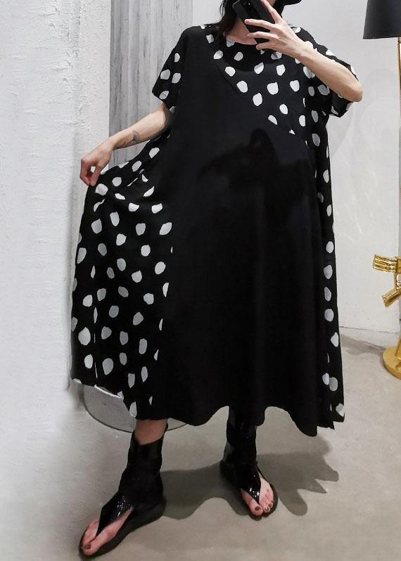 casual black dotted o neck patchwork chiffon long summer dress - SooLinen