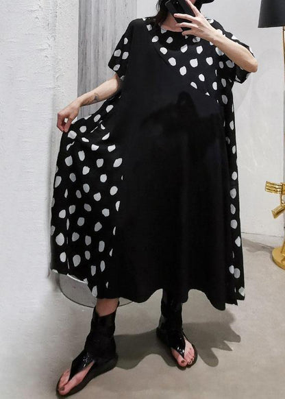 casual black dotted o neck patchwork chiffon long summer dress - SooLinen