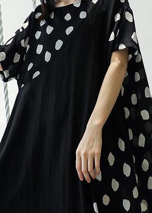 casual black dotted o neck patchwork chiffon long summer dress - SooLinen