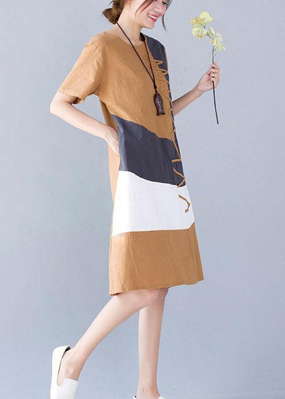 casual cotton linen o neck khaki short sleeve dresses summer - SooLinen