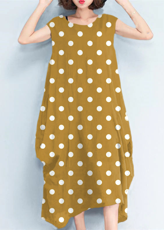 2025 Yellow polka dots natural cotton polyester dress oversize sleeveless traveling dress Elegant kaftans