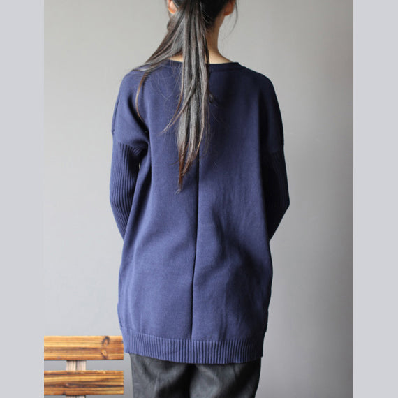 dark blue new cotton sweater tops vintage  fit mid long knit pullover
