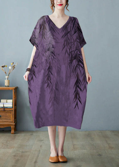 Plus Size Khaki geometry V Neck Print Long Dress Short Sleeve