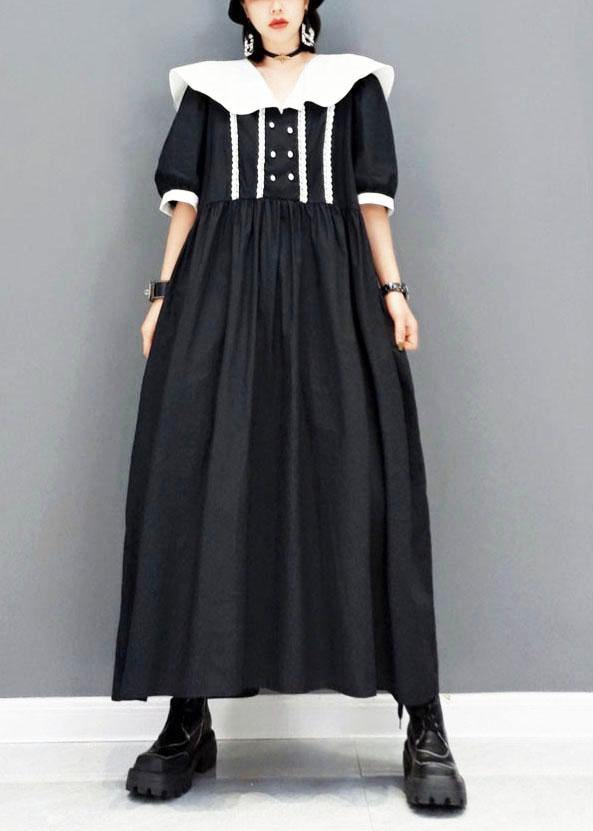 diy Black Peter Pan CollarButtonPatchwork Half Sleeve Robe Dresses Fall - SooLinen