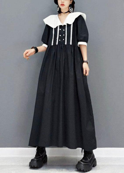 diy Black Peter Pan CollarButtonPatchwork Half Sleeve Robe Dresses Fall - SooLinen