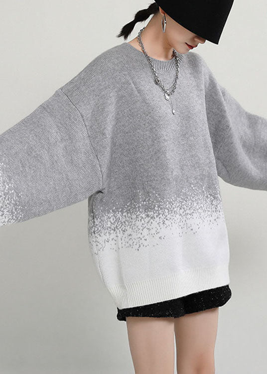 diy Grey O-Neck Loose Fall Casual Knit Sweater