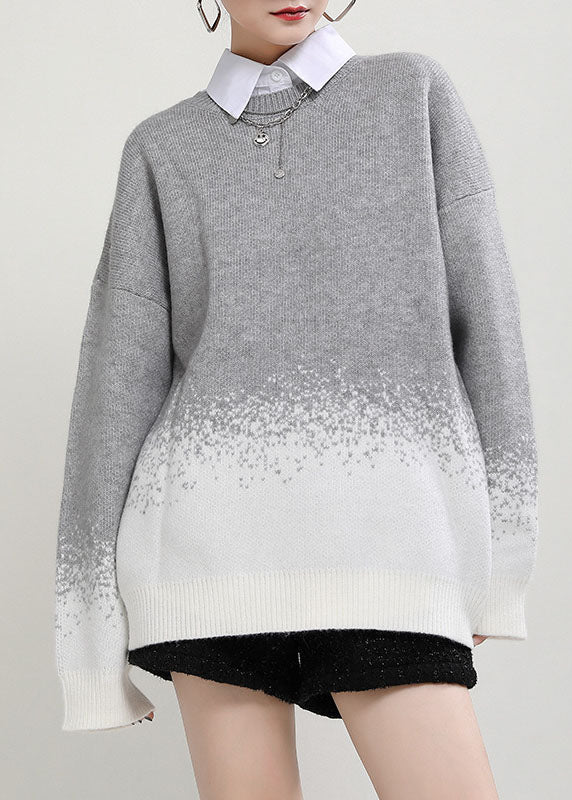 diy Grey O-Neck Loose Fall Casual Knit Sweater
