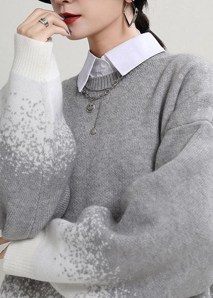 diy Grey O-Neck Loose Fall Casual Knit Sweater