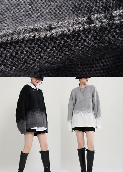 diy Grey O-Neck Loose Fall Casual Knit Sweater