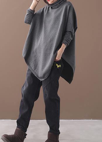 diy asymmetric hem cotton high neck shirts Work gray blouse - SooLinen