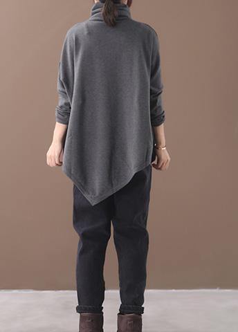 diy asymmetric hem cotton high neck shirts Work gray blouse - SooLinen