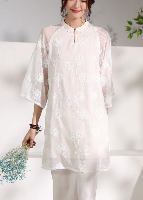 diy flare sleeve linen stand collar clothes Sleeve white embroidery Dress - SooLinen