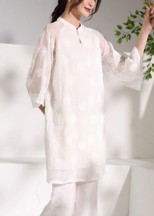 diy flare sleeve linen stand collar clothes Sleeve white embroidery Dress - SooLinen