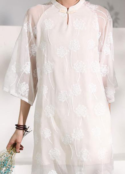 diy flare sleeve linen stand collar clothes Sleeve white embroidery Dress - SooLinen