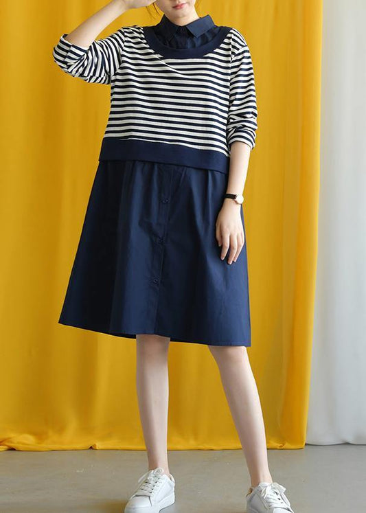 diy navy striped cotton box dress lapel false two pieces Midi fall dress - SooLinen