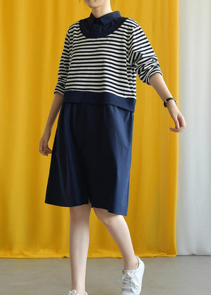 diy navy striped cotton box dress lapel false two pieces Midi fall dress - SooLinen