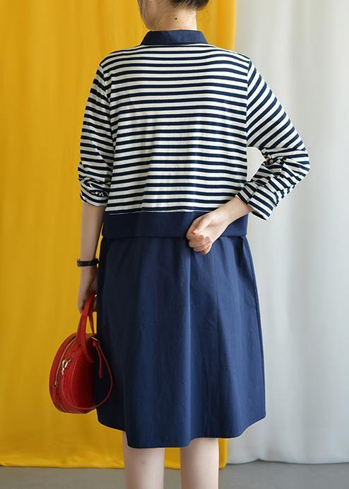 diy navy striped cotton box dress lapel false two pieces Midi fall dress - SooLinen