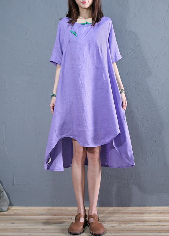 diy o neck asymmetric linen Long Shirts Work purple Dresses - SooLinen