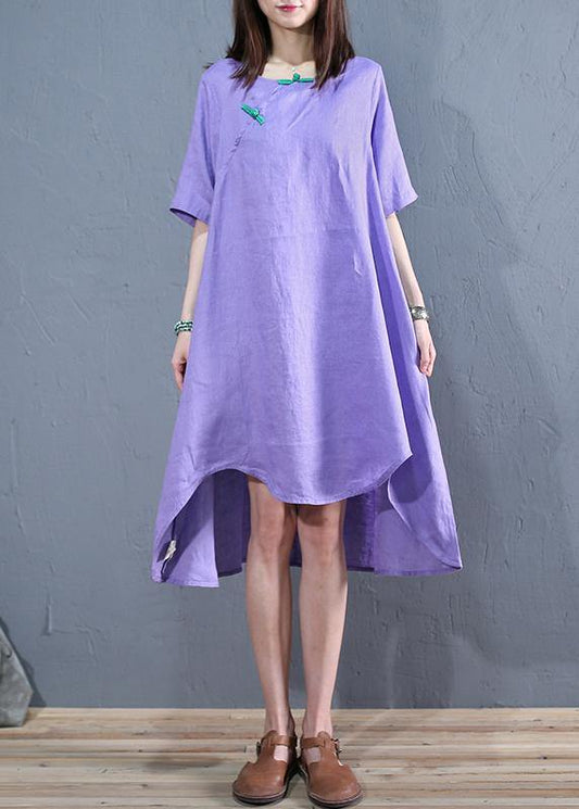 diy o neck asymmetric linen Long Shirts Work purple Dresses - SooLinen