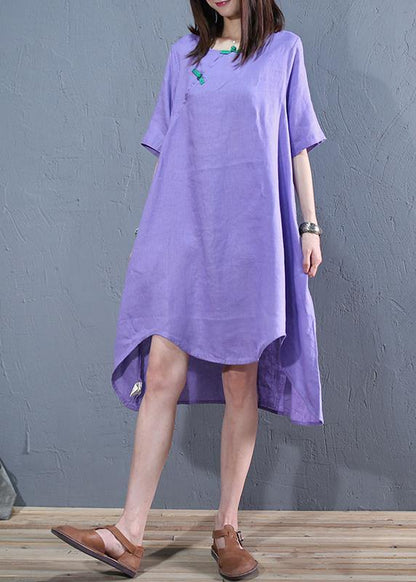 diy o neck asymmetric linen Long Shirts Work purple Dresses - SooLinen