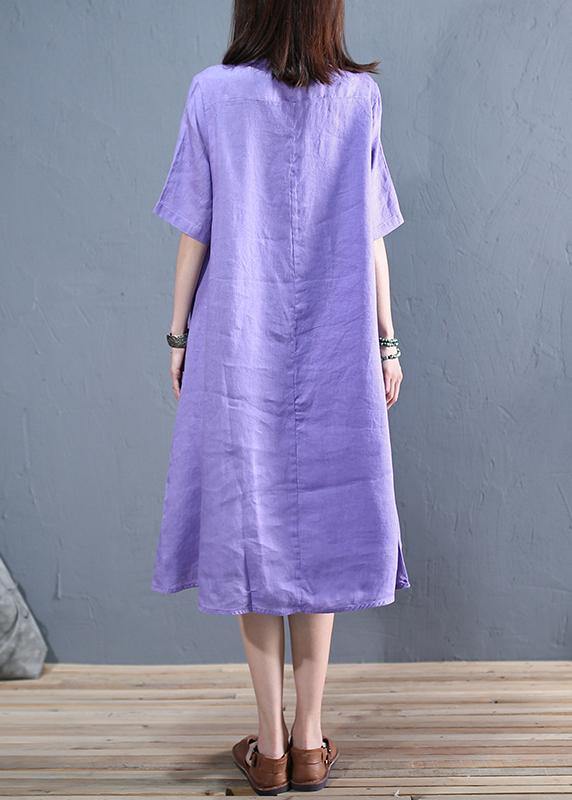 diy o neck asymmetric linen Long Shirts Work purple Dresses - SooLinen