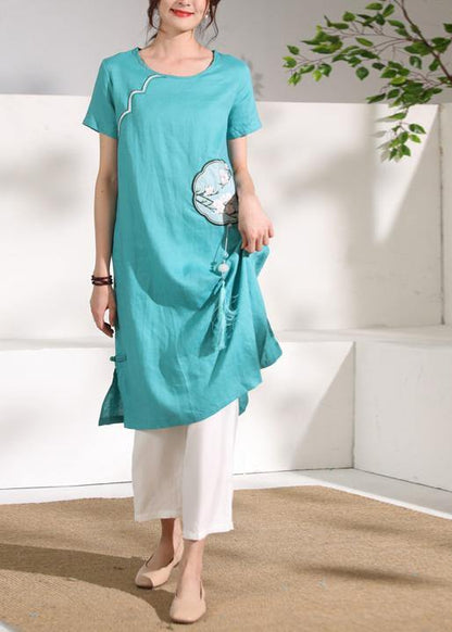 diy o neck tassel linen Robes Catwalk green embroidery Dresses - SooLinen