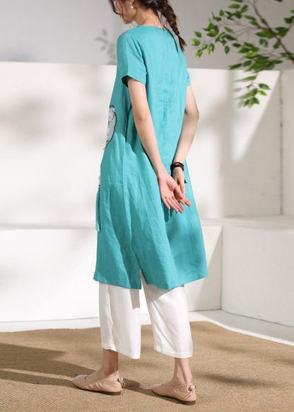 diy o neck tassel linen Robes Catwalk green embroidery Dresses - SooLinen