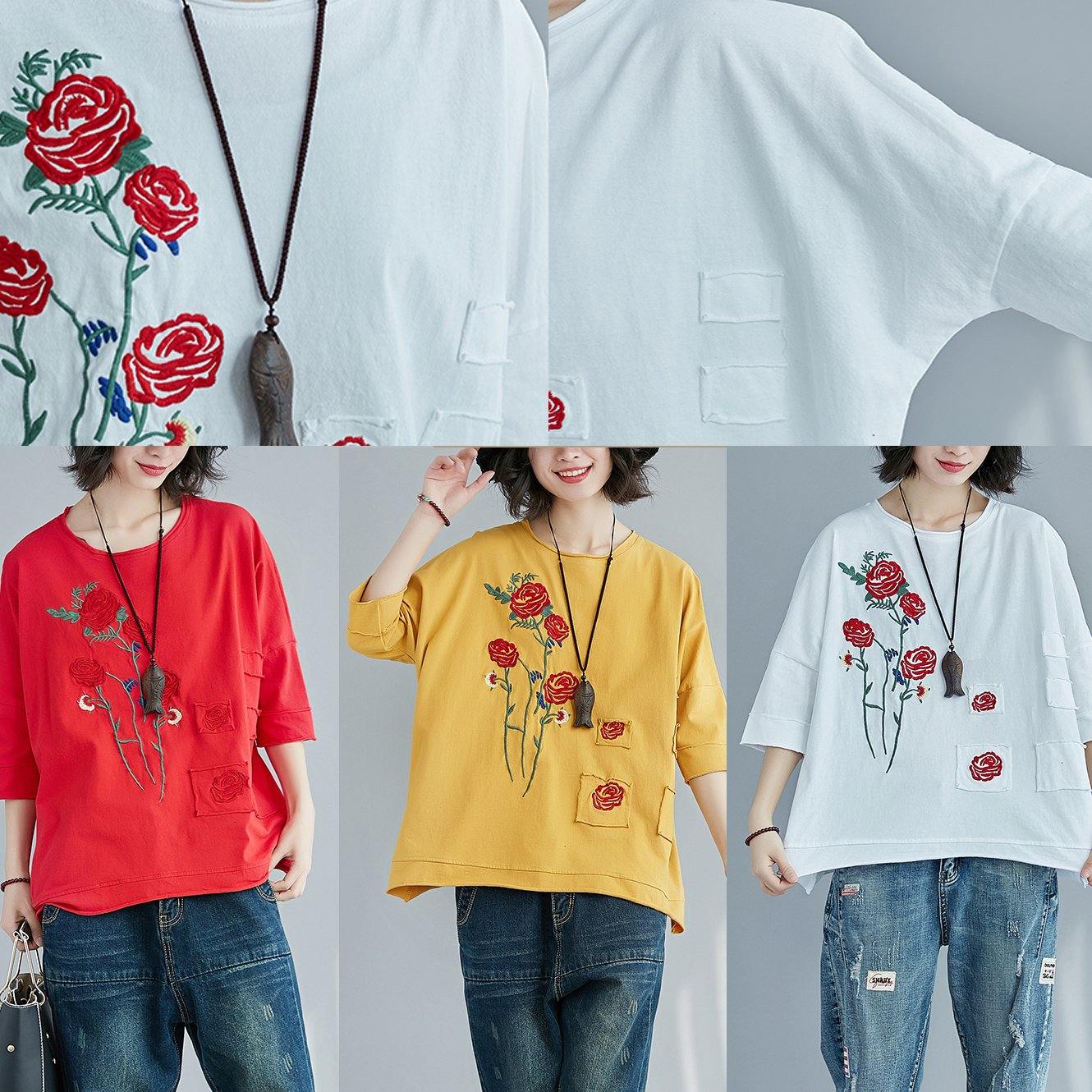 diy red cotton tunic top Plus Size Sleeve o neck patchwork Dresses Summer shirts - SooLinen