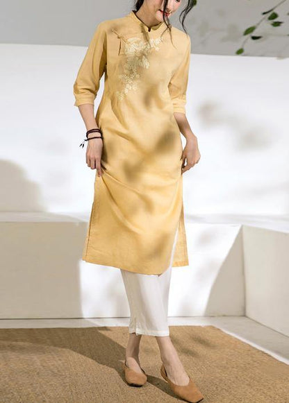 diy yellow linen dress stand collar embroidery shift summer Dress - SooLinen